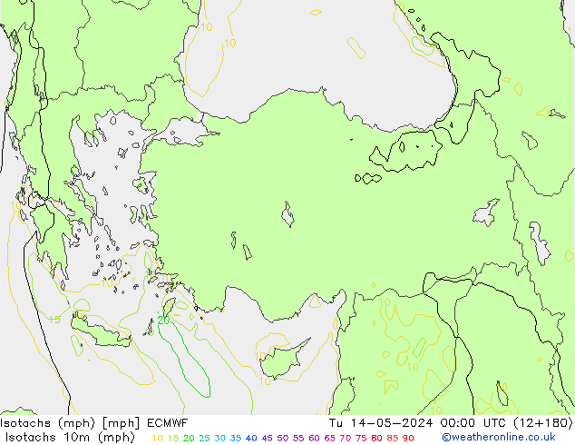 Isotachs (mph) ECMWF вт 14.05.2024 00 UTC