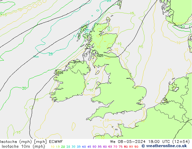 Isotachs (mph) ECMWF Qua 08.05.2024 18 UTC