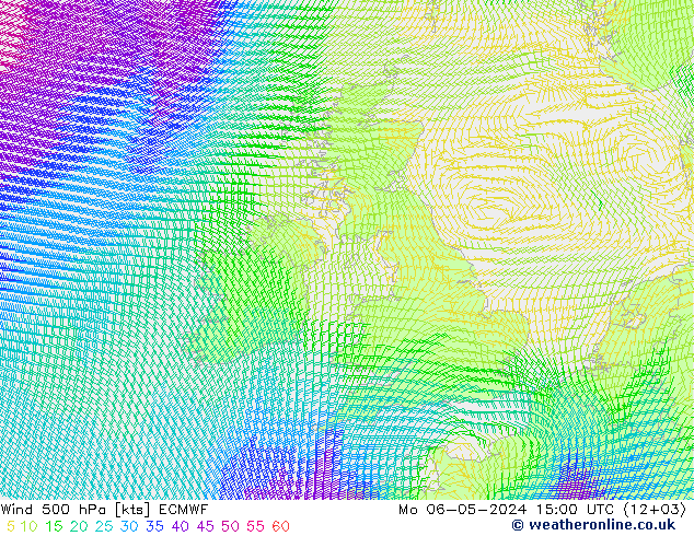 wiatr 500 hPa ECMWF pon. 06.05.2024 15 UTC