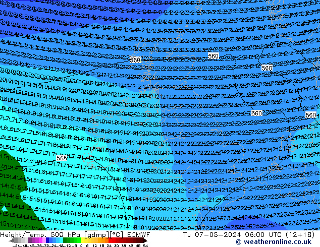 Z500/Rain (+SLP)/Z850 ECMWF Út 07.05.2024 06 UTC