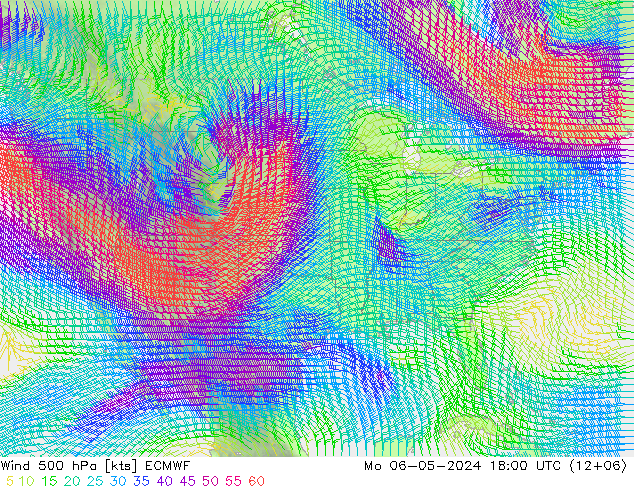 Vento 500 hPa ECMWF lun 06.05.2024 18 UTC