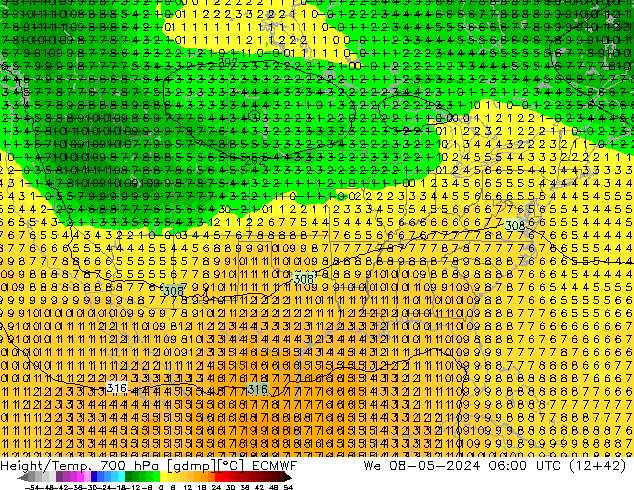 Height/Temp. 700 hPa ECMWF We 08.05.2024 06 UTC