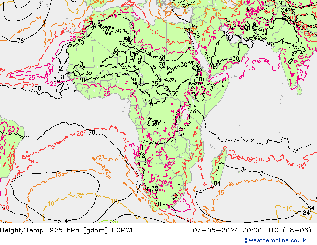 Height/Temp. 925 hPa ECMWF wto. 07.05.2024 00 UTC
