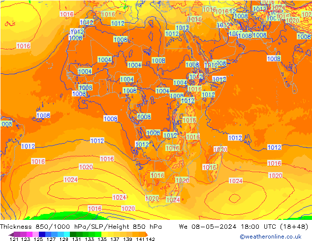 Thck 850-1000 hPa ECMWF Qua 08.05.2024 18 UTC