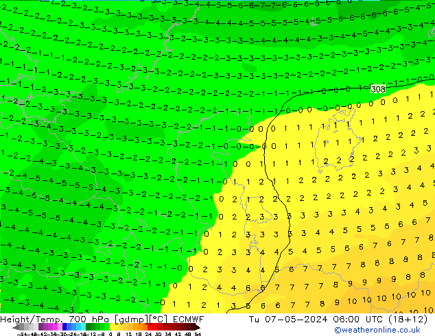 Height/Temp. 700 hPa ECMWF Di 07.05.2024 06 UTC