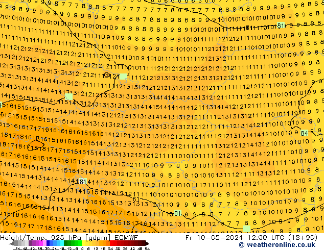 Hoogte/Temp. 925 hPa ECMWF vr 10.05.2024 12 UTC