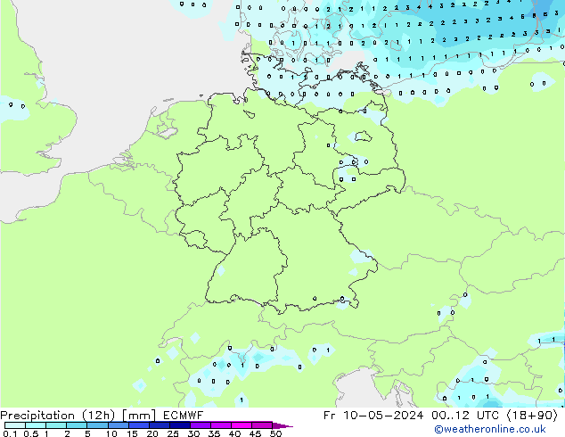 Totale neerslag (12h) ECMWF vr 10.05.2024 12 UTC