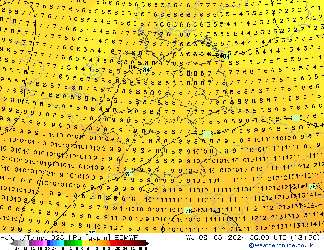 Height/Temp. 925 hPa ECMWF We 08.05.2024 00 UTC