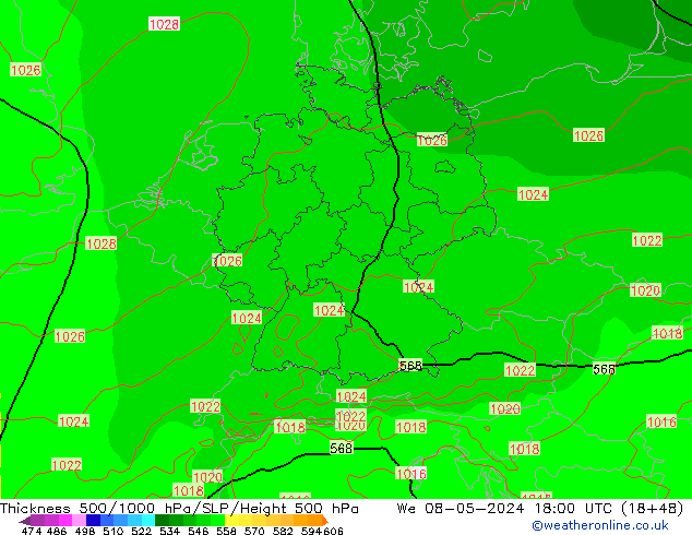 Schichtdicke 500-1000 hPa ECMWF Mi 08.05.2024 18 UTC