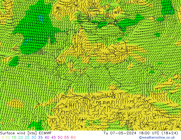 Bodenwind ECMWF Di 07.05.2024 18 UTC