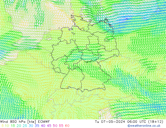 Wind 850 hPa ECMWF Di 07.05.2024 06 UTC