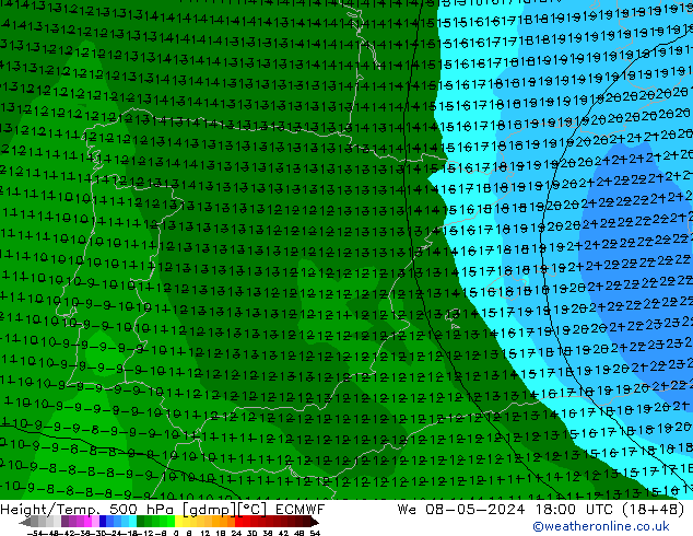 Z500/Rain (+SLP)/Z850 ECMWF mer 08.05.2024 18 UTC