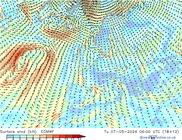 Surface wind (bft) ECMWF Tu 07.05.2024 06 UTC