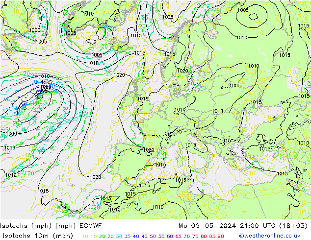 Izotacha (mph) ECMWF pon. 06.05.2024 21 UTC