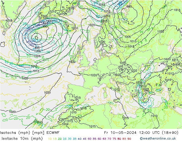 Isotachs (mph) ECMWF ven 10.05.2024 12 UTC