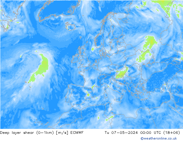 Deep layer shear (0-1km) ECMWF Di 07.05.2024 00 UTC