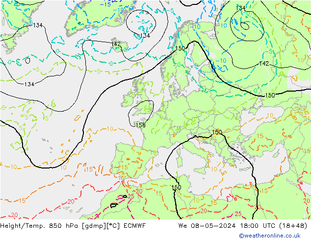 Z500/Rain (+SLP)/Z850 ECMWF Mi 08.05.2024 18 UTC