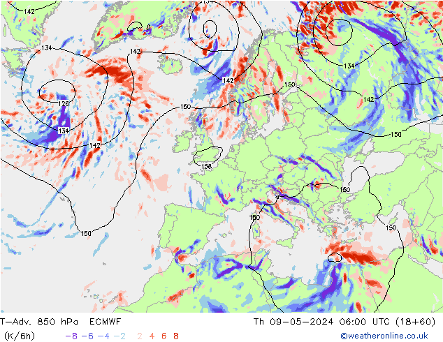 T-Adv. 850 hPa ECMWF Čt 09.05.2024 06 UTC