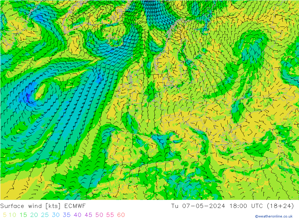 Bodenwind ECMWF Di 07.05.2024 18 UTC