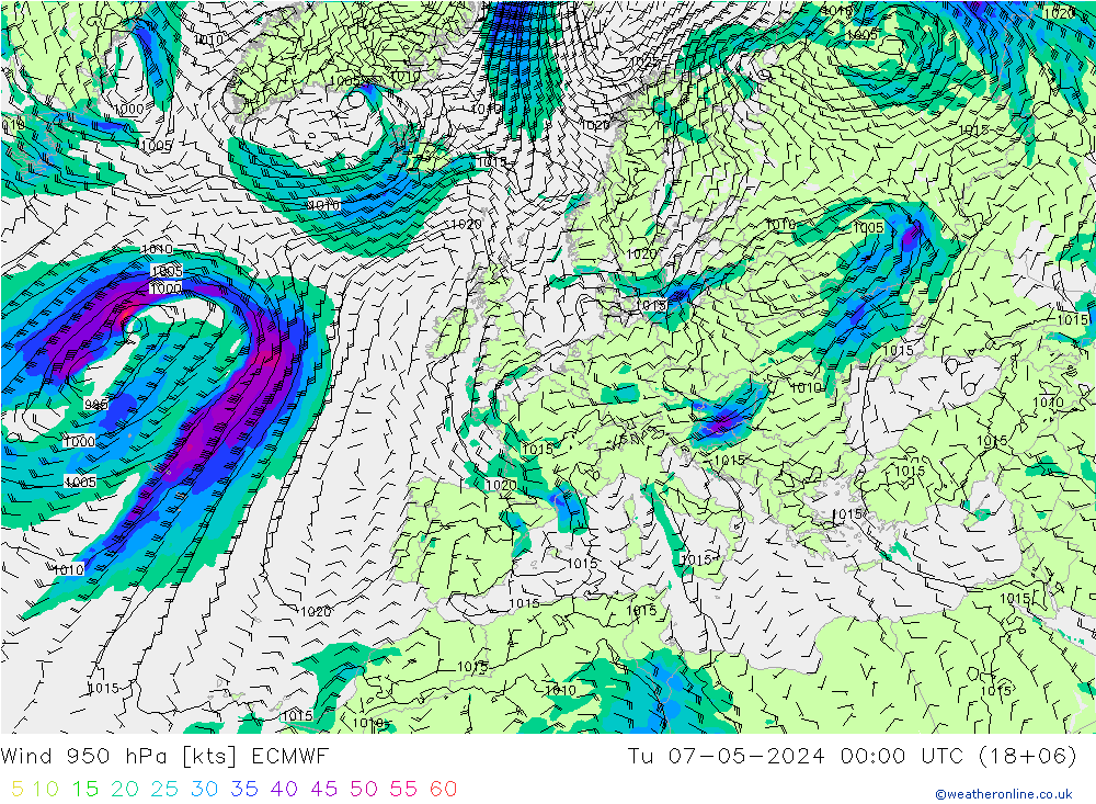 Wind 950 hPa ECMWF Di 07.05.2024 00 UTC