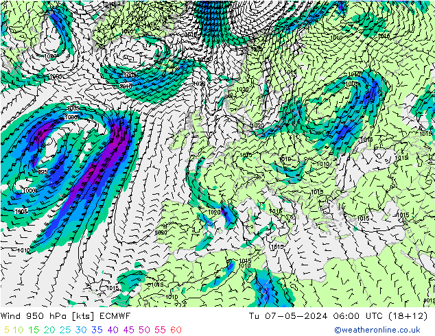 Rüzgar 950 hPa ECMWF Sa 07.05.2024 06 UTC