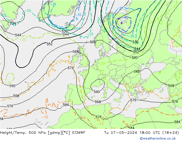 Z500/Yağmur (+YB)/Z850 ECMWF Sa 07.05.2024 18 UTC