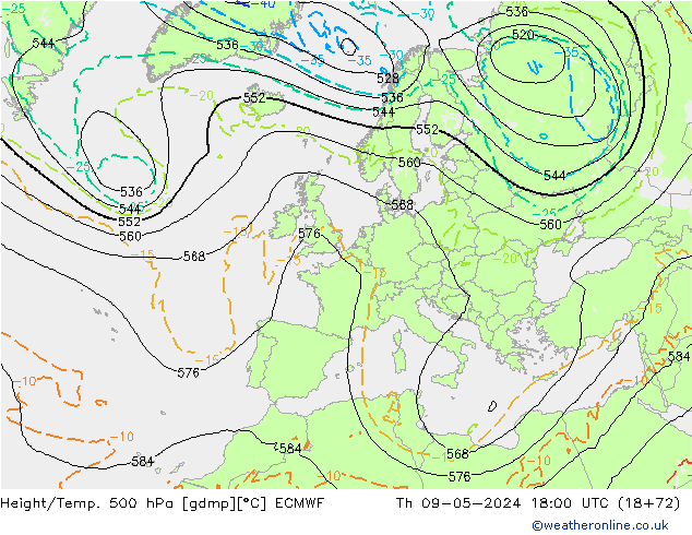 Z500/Rain (+SLP)/Z850 ECMWF Th 09.05.2024 18 UTC