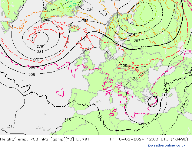 Height/Temp. 700 hPa ECMWF ven 10.05.2024 12 UTC