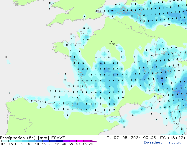 Precipitation (6h) ECMWF Út 07.05.2024 06 UTC