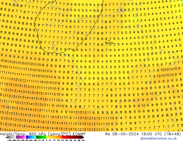 Z500/Rain (+SLP)/Z850 ECMWF Mi 08.05.2024 18 UTC