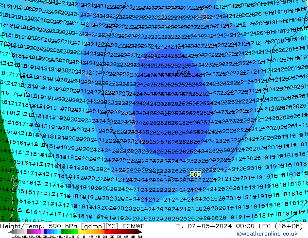 Z500/Rain (+SLP)/Z850 ECMWF Út 07.05.2024 00 UTC