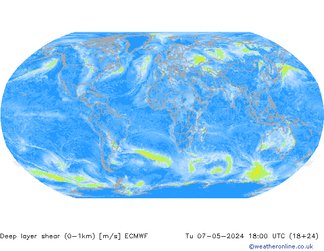 Deep layer shear (0-1km) ECMWF Di 07.05.2024 18 UTC