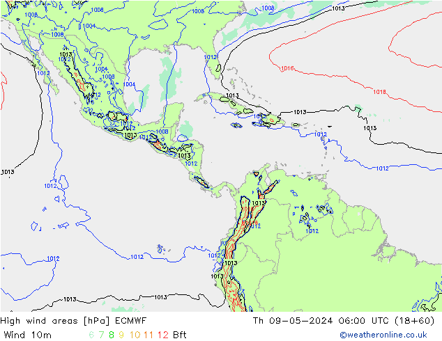 High wind areas ECMWF gio 09.05.2024 06 UTC