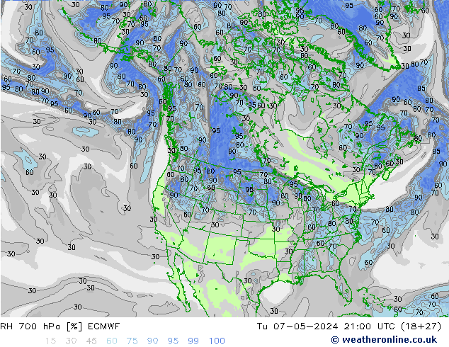 RH 700 hPa ECMWF Út 07.05.2024 21 UTC