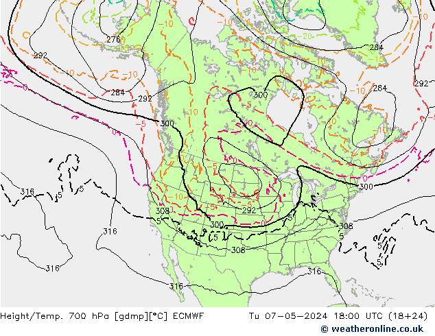 Hoogte/Temp. 700 hPa ECMWF di 07.05.2024 18 UTC