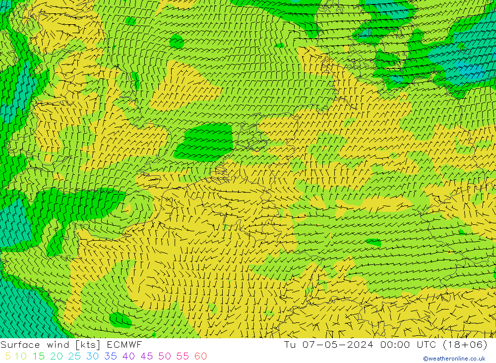 wiatr 10 m ECMWF wto. 07.05.2024 00 UTC