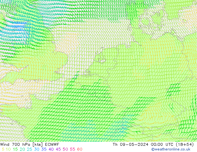 Wind 700 hPa ECMWF Do 09.05.2024 00 UTC
