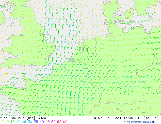 Wind 900 hPa ECMWF Tu 07.05.2024 18 UTC