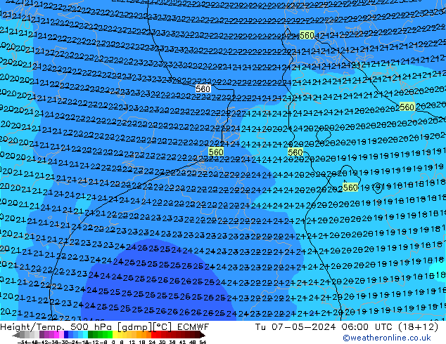 Z500/Rain (+SLP)/Z850 ECMWF Út 07.05.2024 06 UTC