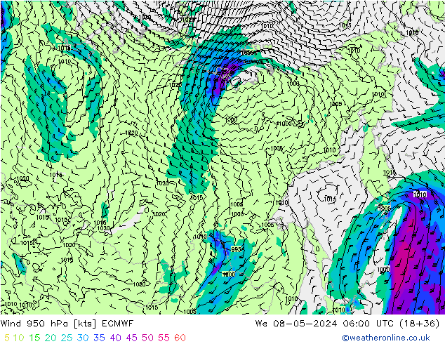 Prec 6h/Wind 10m/950 ECMWF ср 08.05.2024 06 UTC