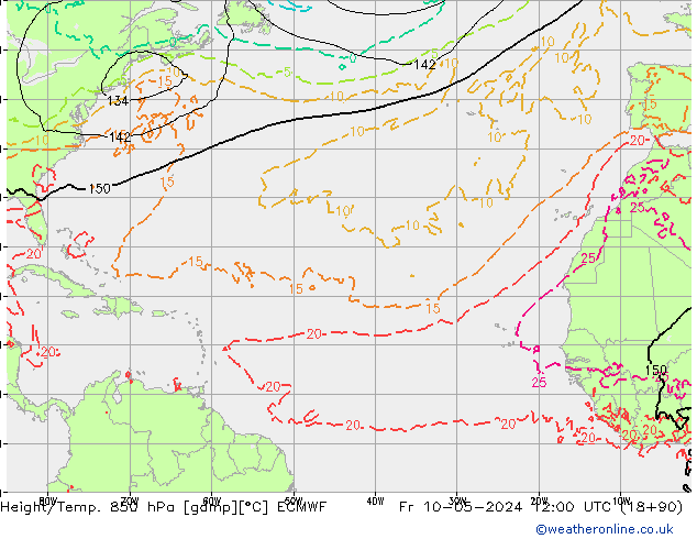 Height/Temp. 850 hPa ECMWF Pá 10.05.2024 12 UTC