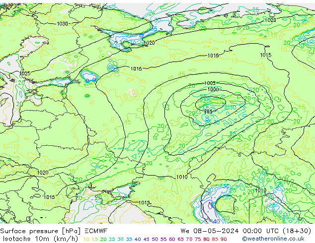 Isotaca (kph) ECMWF mié 08.05.2024 00 UTC