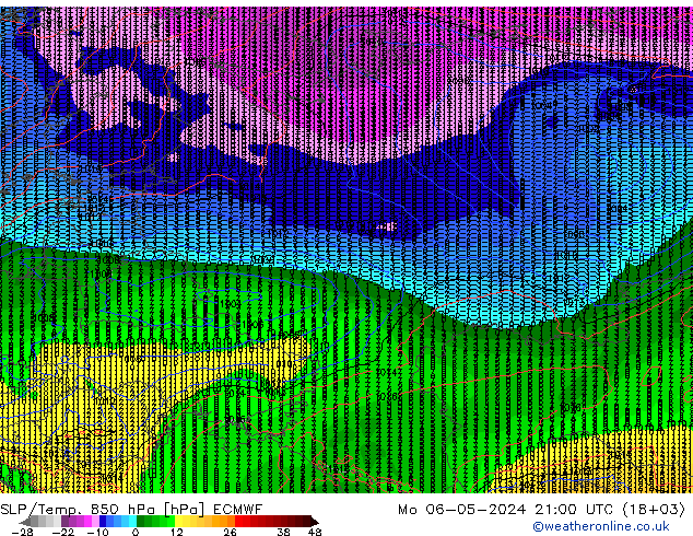 SLP/Temp. 850 гПа ECMWF пн 06.05.2024 21 UTC