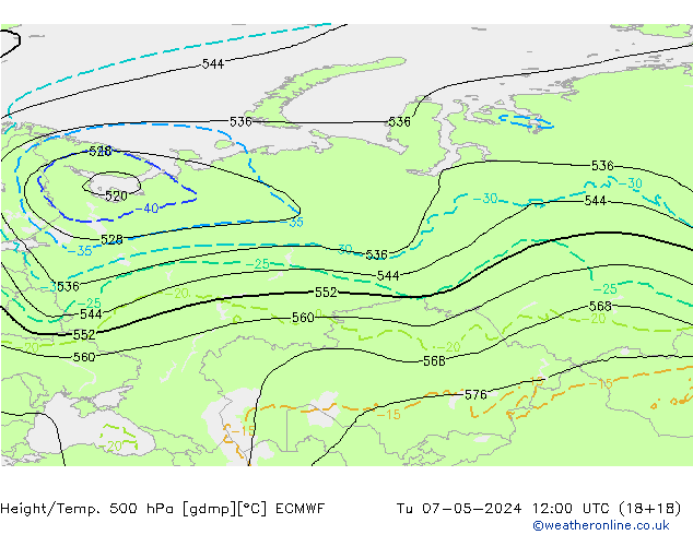 Z500/Rain (+SLP)/Z850 ECMWF Tu 07.05.2024 12 UTC