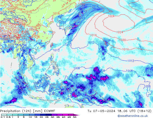 Totale neerslag (12h) ECMWF di 07.05.2024 06 UTC