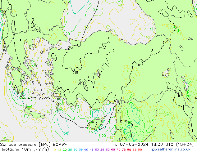 Eşrüzgar Hızları (km/sa) ECMWF Sa 07.05.2024 18 UTC