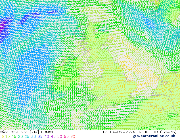 Rüzgar 850 hPa ECMWF Cu 10.05.2024 00 UTC