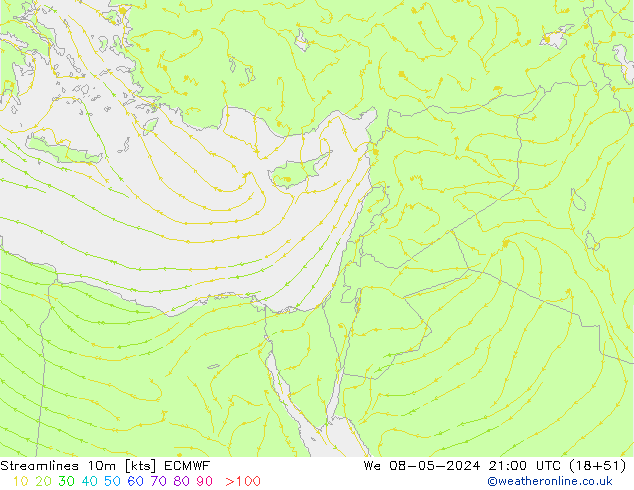 Linia prądu 10m ECMWF śro. 08.05.2024 21 UTC