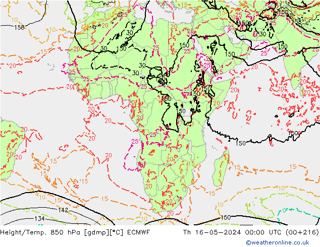 Height/Temp. 850 гПа ECMWF чт 16.05.2024 00 UTC