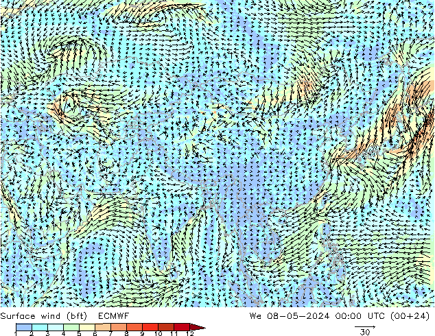 Vent 10 m (bft) ECMWF mer 08.05.2024 00 UTC